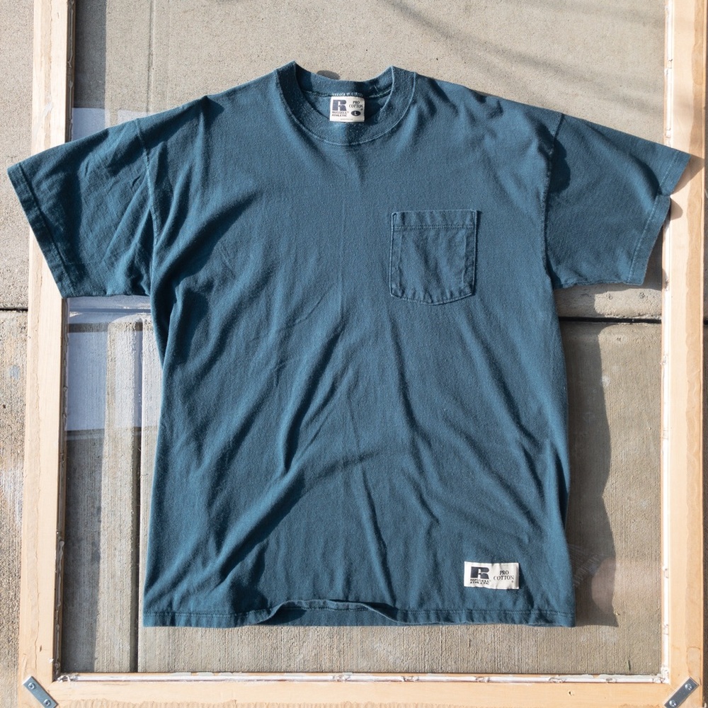 Olive Green Russel Athletic Pro Cotton Large Crewneck T-Shirt with Pocket